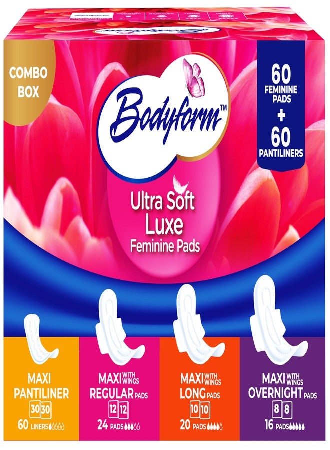 Bodyform Luxe Feminine Care Value Combo Pack, 120 Count (60 Ultra-Soft Pads + 60 Gentle Pantyliners), Variety Pack, Cushion-Soft & Ultra-Absorbent, Daily Freshness & Protection - Image 1